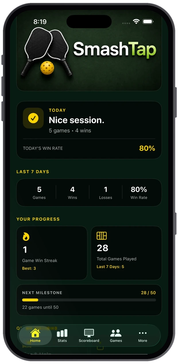 SmashTap iPhone app home screen showing today&rsquo;s session, an 80% win rate, and your win streak