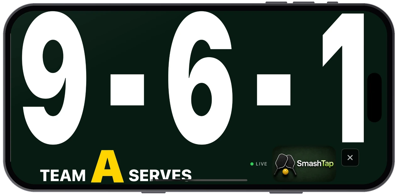 SmashTap iPhone app scoreboard in landscape showing a 9-6-1 score with Team A serving