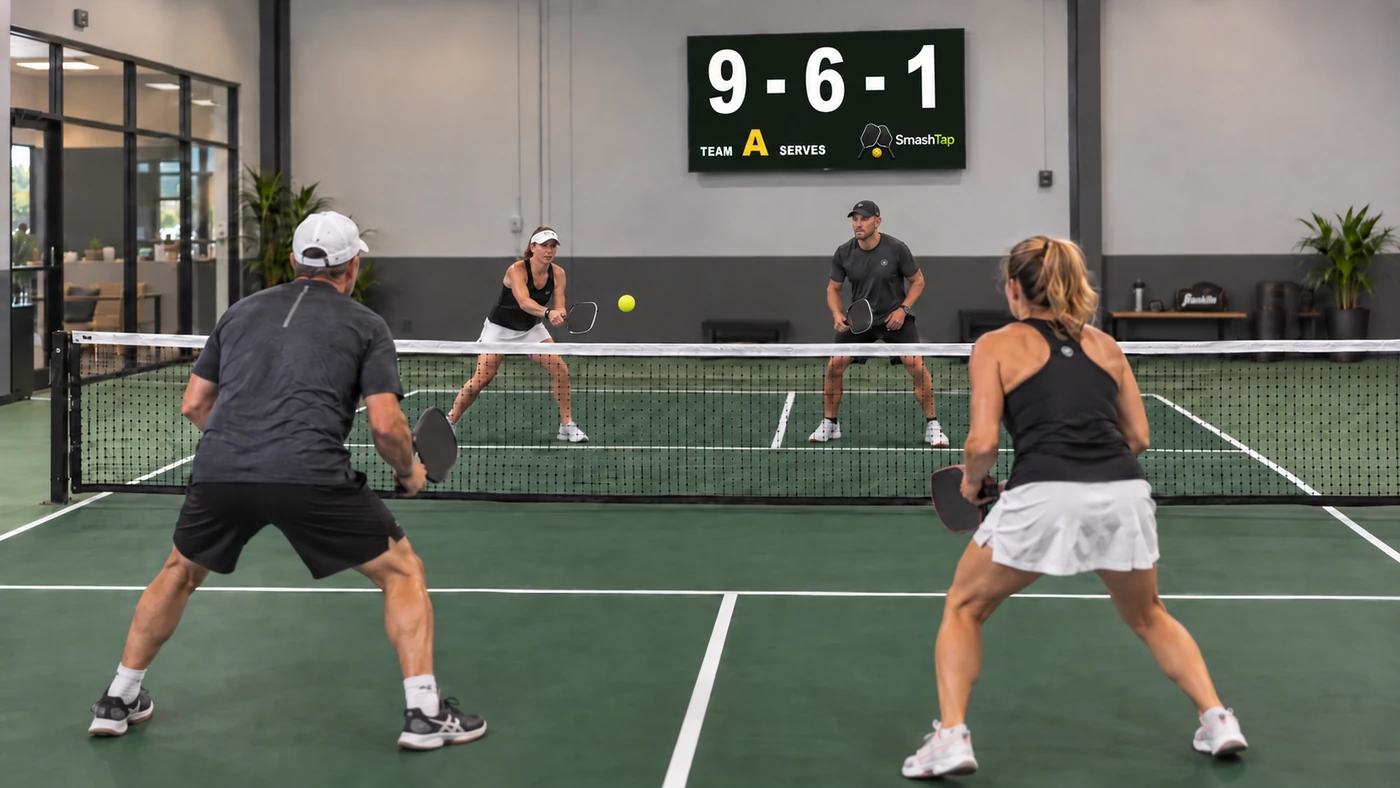 Players on an indoor pickleball court with the SmashTap scoreboard mounted on the wall, showing 9 - 6 - 1, Team A serves