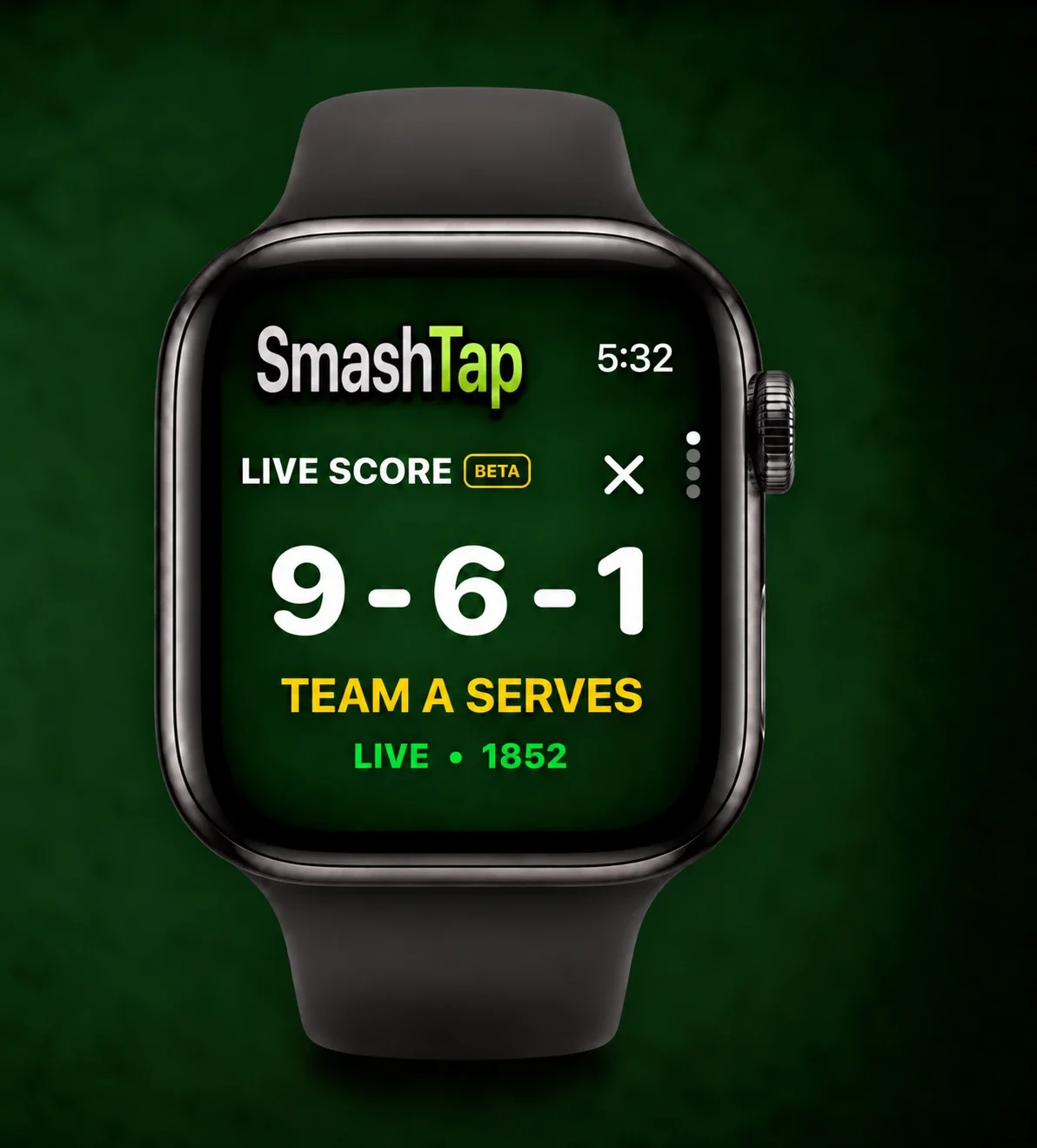 Apple Watch showing the SmashTap live score, 9 - 6 - 1, Team A serves